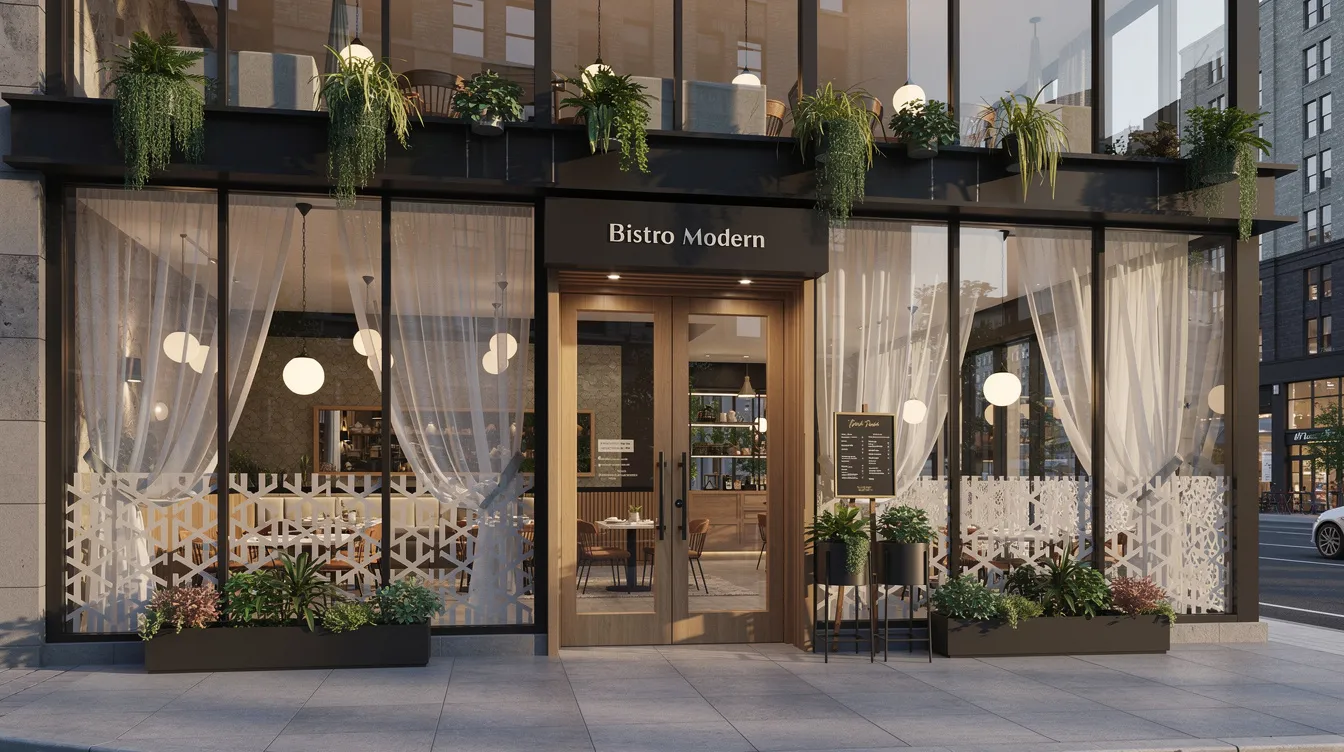 The image showcases a modern restaurant storefront adorned with decorative window films, allowing natural light to filter in while providing UV protection and enhancing the visual appeal of the dining area. This inviting atmosphere not only attracts potential customers but also offers energy efficiency and comfort during warmer months.