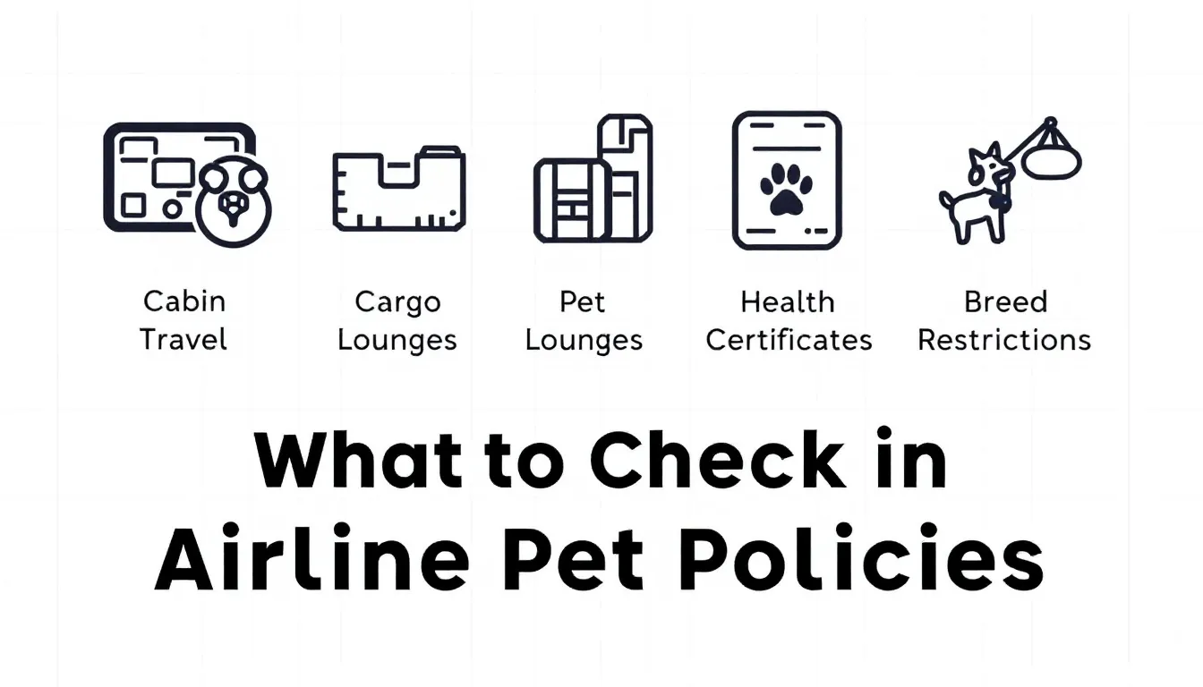 An infographic displaying various icons related to airline pet policies, including "Cabin Travel," "Cargo Travel," and "Health Certificates," with overlay text emphasizing the importance of checking these policies for pet owners. It serves as a guide for those looking to travel with their furry friends on pet friendly airlines.