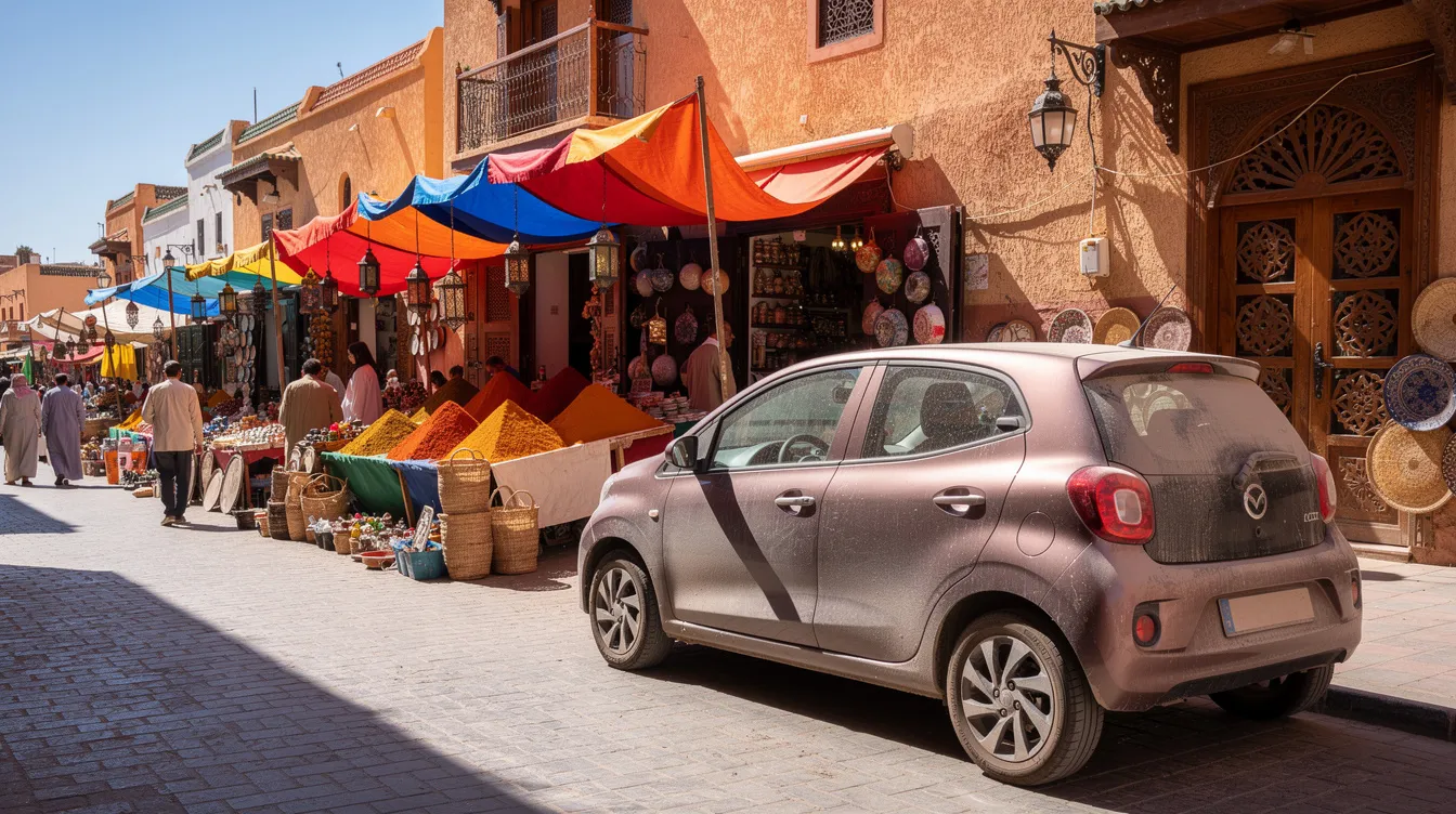 Compact car parked next to a traditional Moroccan market.