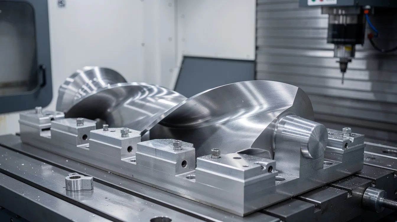 A finished turbine blade is securely held in a precision fixture on a five-axis CNC machine table, showcasing its twisted airfoil profile and smooth surface finish. This high precision component is essential in aerospace manufacturing, demonstrating the capabilities of CNC machining for complex aerospace parts.