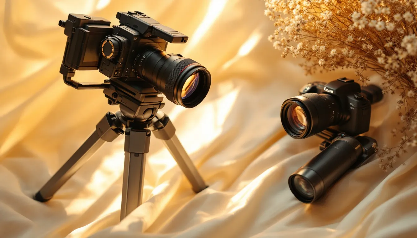 A selection of wedding videography equipment including cameras and tripods.