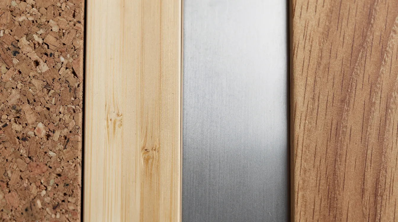 Zbliżenie na naturalne materiały, takie jak korek, bambus, stal nierdzewna i drewno, ułożone obok siebie, podkreśla ich ekologiczne pochodzenie i zastosowanie w tworzeniu ekologicznych gadżetów reklamowych. Te materiały są kluczowe w kontekście zrównoważonego rozwoju i społecznej odpowiedzialności, promując świadome wybory w biznesie.