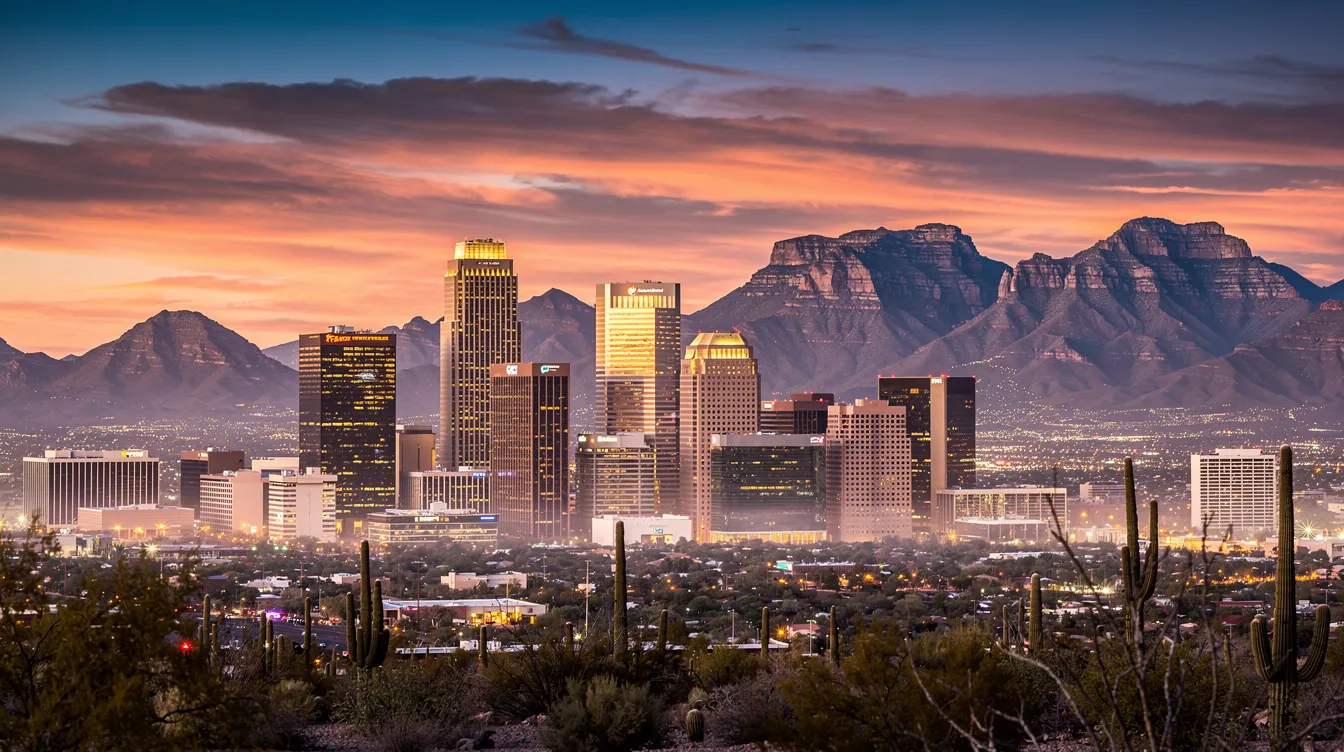 The image captures the stunning Phoenix, Arizona skyline at sunset, with vibrant hues of orange and purple illuminating the buildings against a backdrop of majestic mountains. This scene reflects the potential for economic growth and new business ventures in a thriving urban environment.