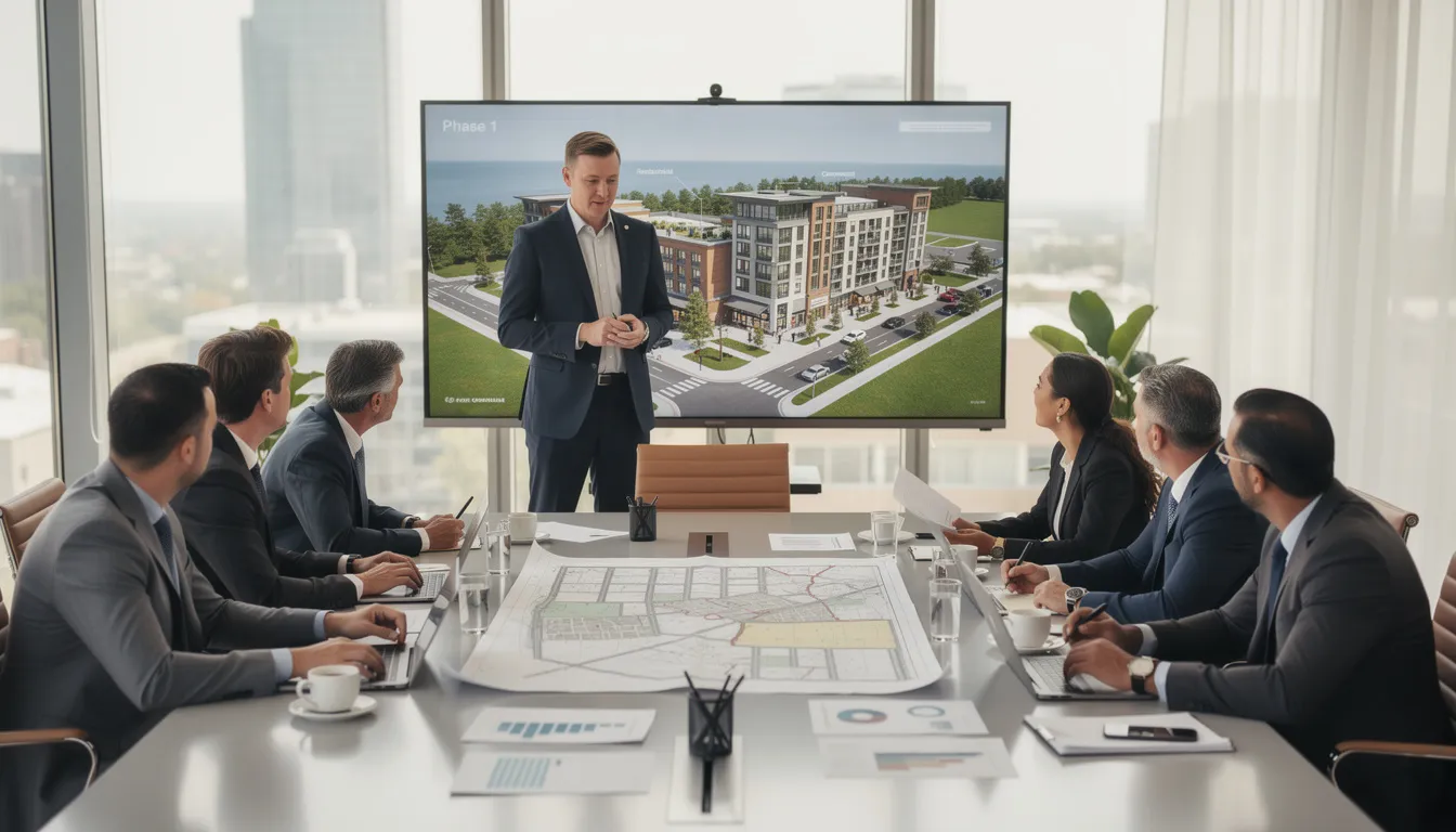 Un consultor profesional presenta planes de desarrollo inmobiliario a un grupo de inversionistas, destacando las oportunidades de inversión en el programa EB-5, que permite obtener la residencia permanente en Estados Unidos. En la imagen se pueden ver gráficos y documentos que ilustran los proyectos y el proceso de solicitud de la visa EB-5.