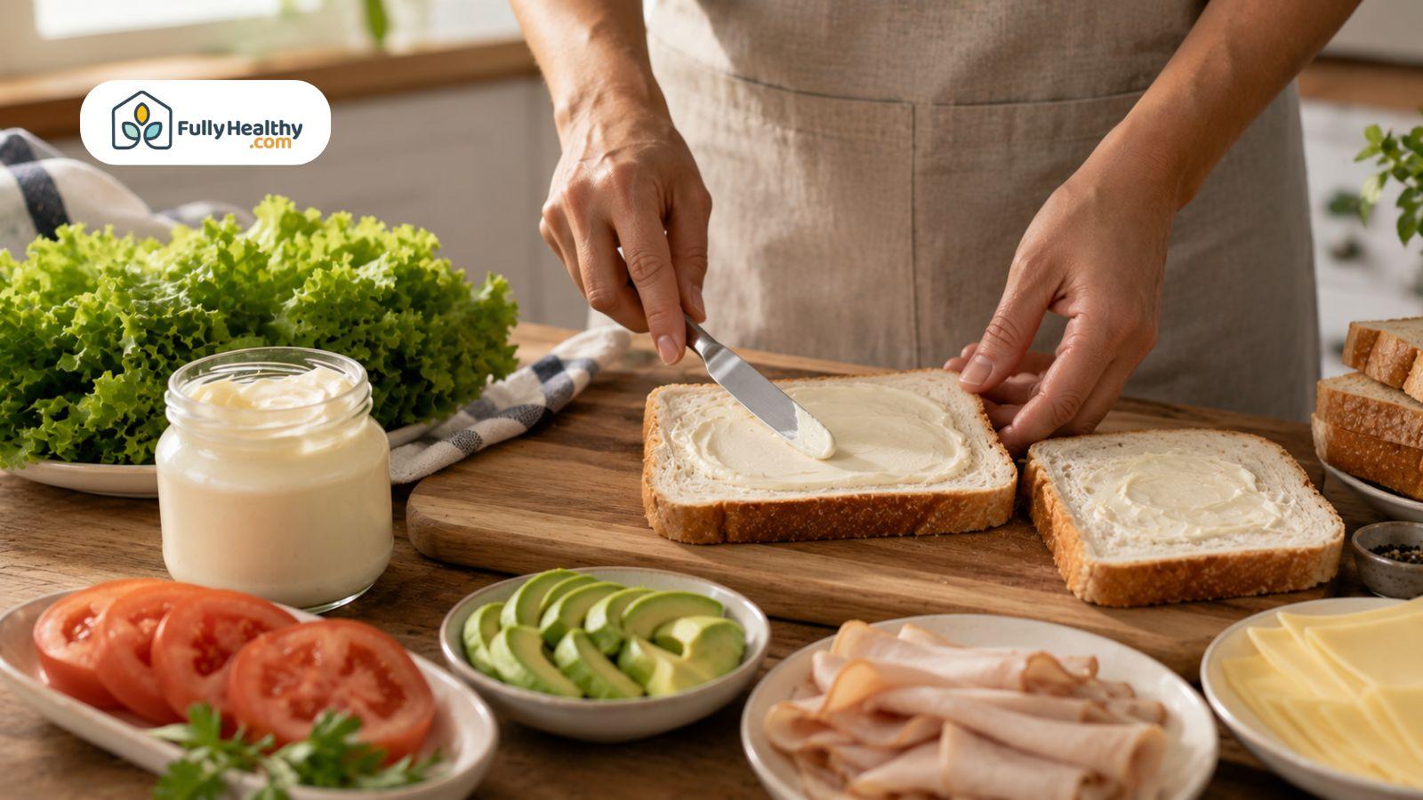Creamy mayonnaise being spread onto fresh bread with lettuce, tomato, turkey, cheese, and avocado for a sandwich.