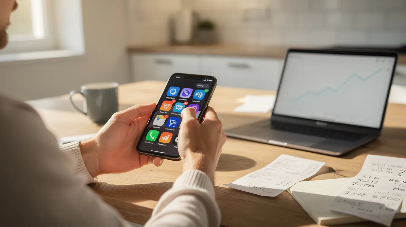 A person is sitting at a kitchen table, focused on their smartphone as they explore various finance and shopping apps. The scene highlights the use of money-making apps that can help earn cash rewards and manage their bank account efficiently.