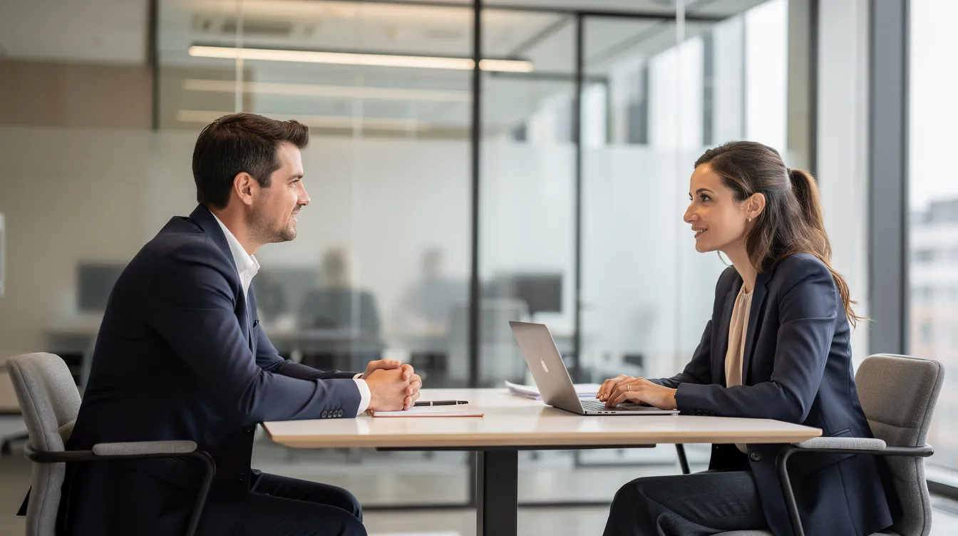 Deux professionnels sont assis dans une salle de réunion avec des murs en verre, échangeant calmement sur des sujets liés au travail. Leur conversation semble axée sur la gestion des émotions au travail, favorisant un environnement de bienveillance et de confiance.