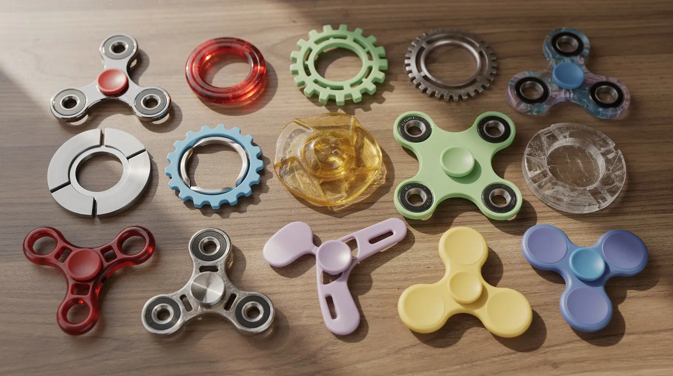 An assortment of colorful fidget spinners in various shapes and materials is arranged on a wooden surface, showcasing their vibrant designs and textures. These toys are often used for stress relief and can be easily manipulated by the fingers, engaging the human hand's dexterity and enhancing hand movements for children and adults alike.