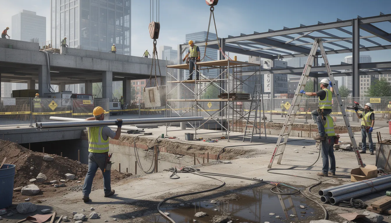 The image depicts a busy Springfield construction site highlighting various potential workplace hazards, such as poor lighting and unguarded equipment. This scene emphasizes the importance of workers compensation benefits for injured workers and the role of workers compensation attorneys in navigating workplace injury claims.