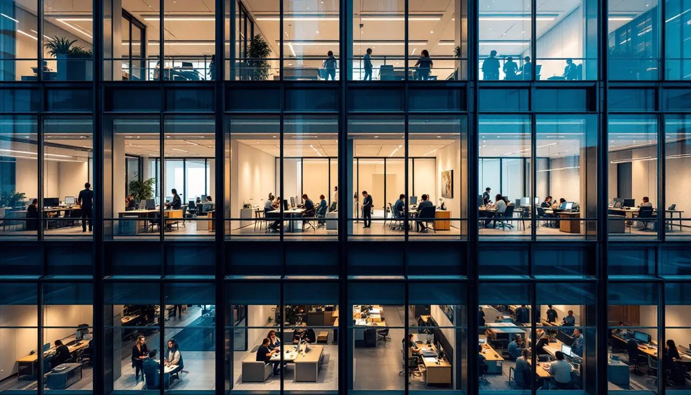 The image depicts a modern office building in Los Angeles, with large windows showcasing people engaged in various work activities inside. This vibrant workspace reflects the dynamic environment of businesses focusing on digital marketing and SEO consulting services.