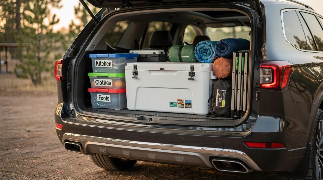 The image shows neatly organized camping gear loaded into the back of an SUV, featuring labeled bins for easy access to essentials like sleeping bags, a camping stove, and cooking utensils, along with a cooler for food prep. This setup is perfect for a fun and enjoyable camping trip, ensuring everything needed for a successful outdoor adventure is conveniently packed.
