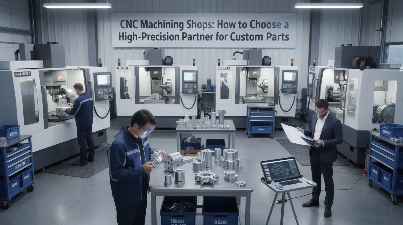 The image depicts a modern CNC machining shop featuring advanced machinery and tools used for precision machining services. Technicians are seen working with CNC milling and turning equipment, emphasizing the high precision and quality of custom CNC machined parts being produced for various industries.