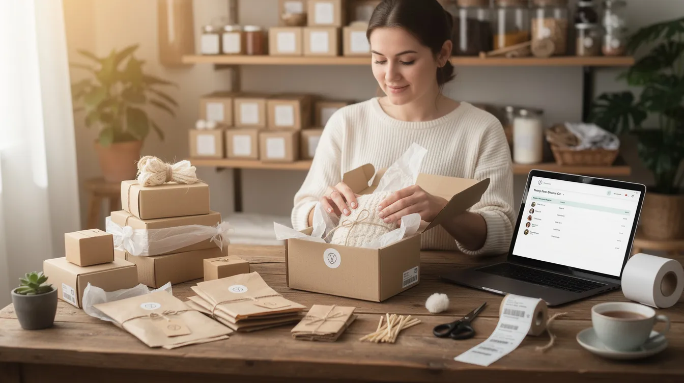 An individual is seen carefully packaging handcrafted products in a cozy home workspace, preparing them for shipping to both domestic and international markets. This scene reflects the entrepreneurial spirit of small business ideas, highlighting the potential for profitable ventures with minimal investment.