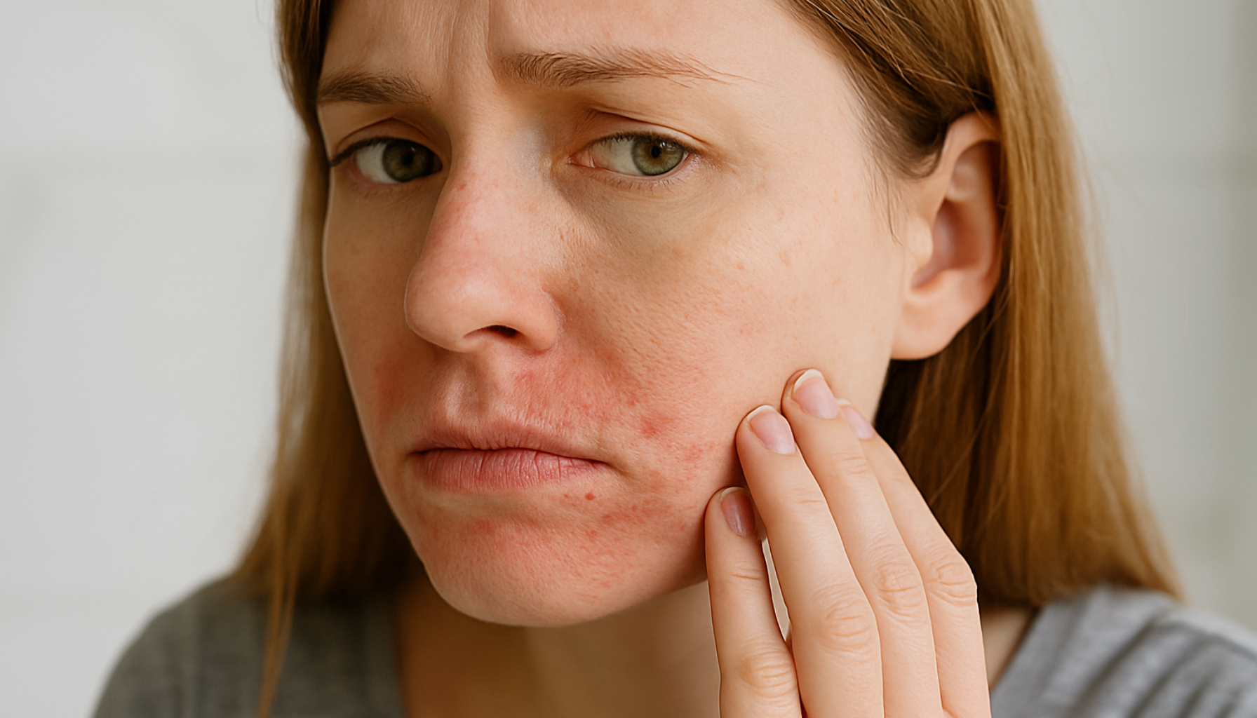 Kvinne med periorifisiell dermatitt og rødhet rundt munnen ser bekymret ut og berører forsiktig det irriterte hudområdet.
