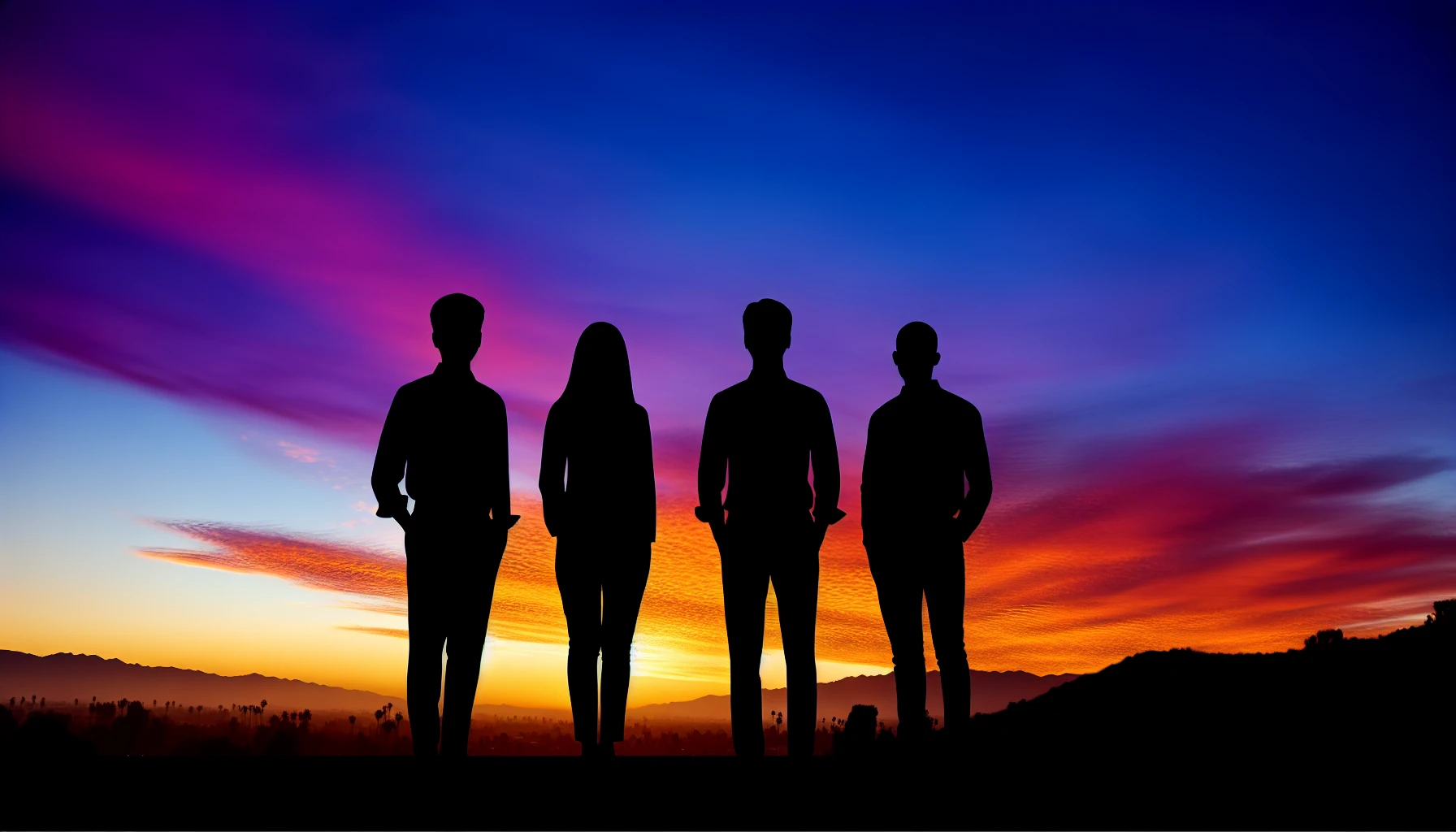 Silhouettes of employees with the sunset in the background