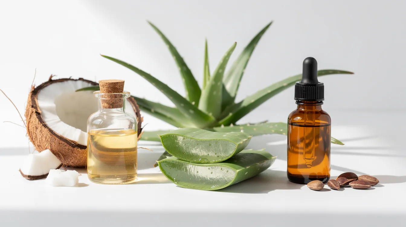 The image features a vibrant natural aloe vera plant alongside small bottles of coconut oil and castor oil, highlighting natural ingredients that are beneficial for hair care. These oils can be used to enhance moisture and shine, making them ideal for styling needs such as twist and locs while preventing breakage and frizz.