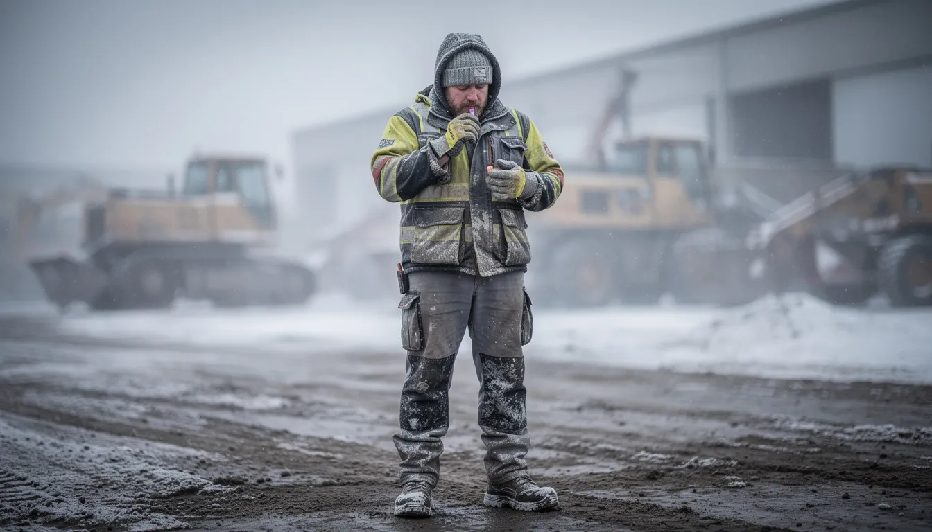 A man is applying a nourishing beef tallow lip balm infused with peppermint essential oil to protect his delicate lips from the harsh winter weather while wearing work gear. The balm helps keep his lips hydrated and prevents chapping, ensuring they remain smooth and moisturized throughout the day.