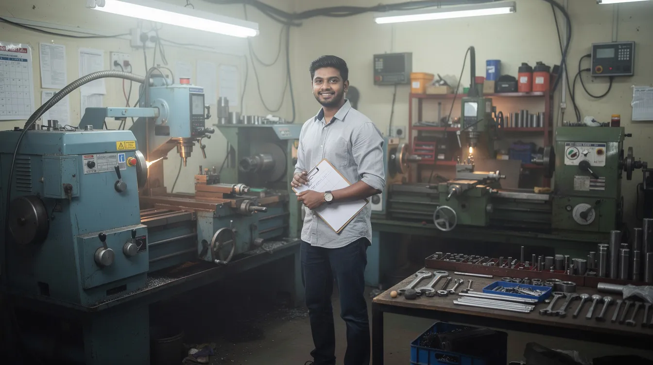 The image depicts a young Indian entrepreneur working diligently in a small manufacturing workshop, surrounded by various machinery that signifies the essence of small and micro enterprises. This scene reflects the spirit of innovation and growth, essential for accessing mudra loans and other financial support from lending institutions to enhance business finances.