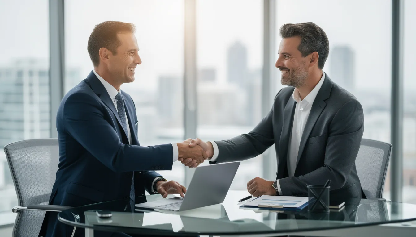 The image depicts a professional handshake between a business advisor and a client in a modern office setting, symbolizing a successful partnership in planning for retirement income through various pension plans, including individual pension plans (IPP) and registered retirement savings plans (RRSP). The atmosphere conveys trust and collaboration, essential for navigating retirement savings and investment strategies.