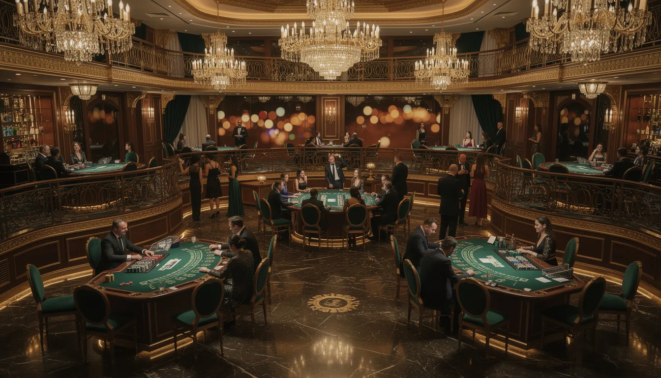 En elegant casinomiljö med gröna spelbord och gyllene detaljer, där spelare kan njuta av olika spel som blackjack och roulette. Denna atmosfär påminner om ett exklusivt live casino som erbjuder en unik spelupplevelse dygnet runt.