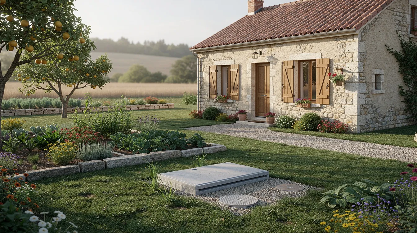 Une maison rurale avec un jardin verdoyant, où se trouve discrètement une microstation d'épuration enterrée, dédiée au traitement des eaux usées domestiques. Ce système d'assainissement non collectif assure un fonctionnement efficace tout en préservant l'esthétique du site.