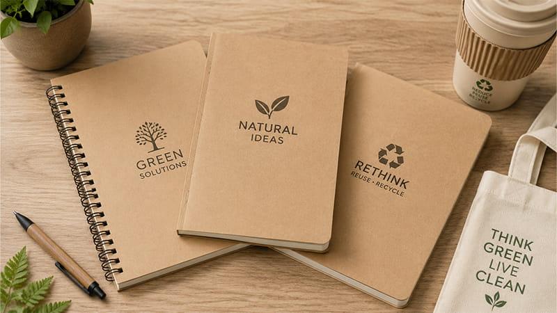 Kraft paper A5 notebooks with printed logos and natural-style branding