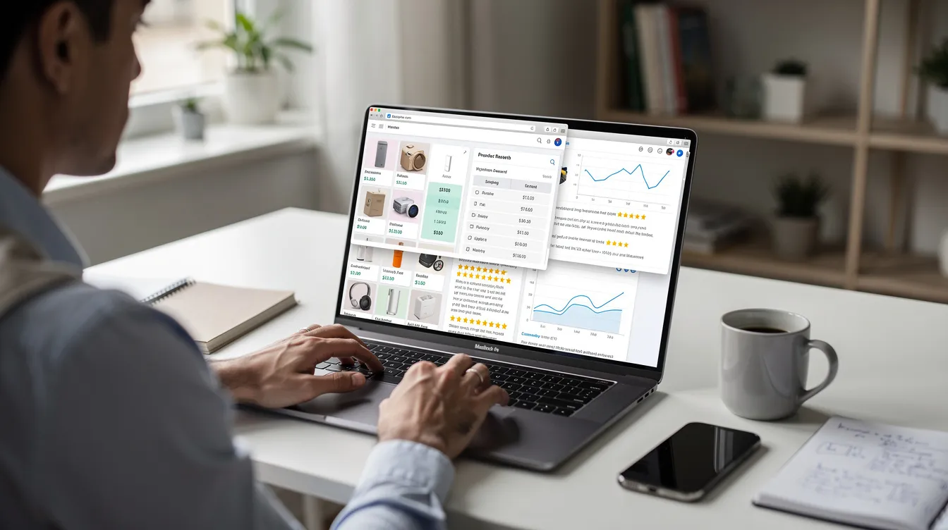 Ein Unternehmer sitzt konzentriert auf seinem Laptop, umgeben von mehreren geöffneten Browser-Tabs, die Produktrecherchen für sein Dropshipping-Geschäft anzeigen. Auf dem Bildschirm sind verschiedene Aliexpress-Produkte zu sehen, die den Prozess der Suche nach zuverlässigen Lieferanten und die Analyse der Versandoptionen für ihren Online-Shop verdeutlichen.