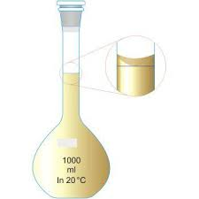 A volumetric flask with a precise volume measurement