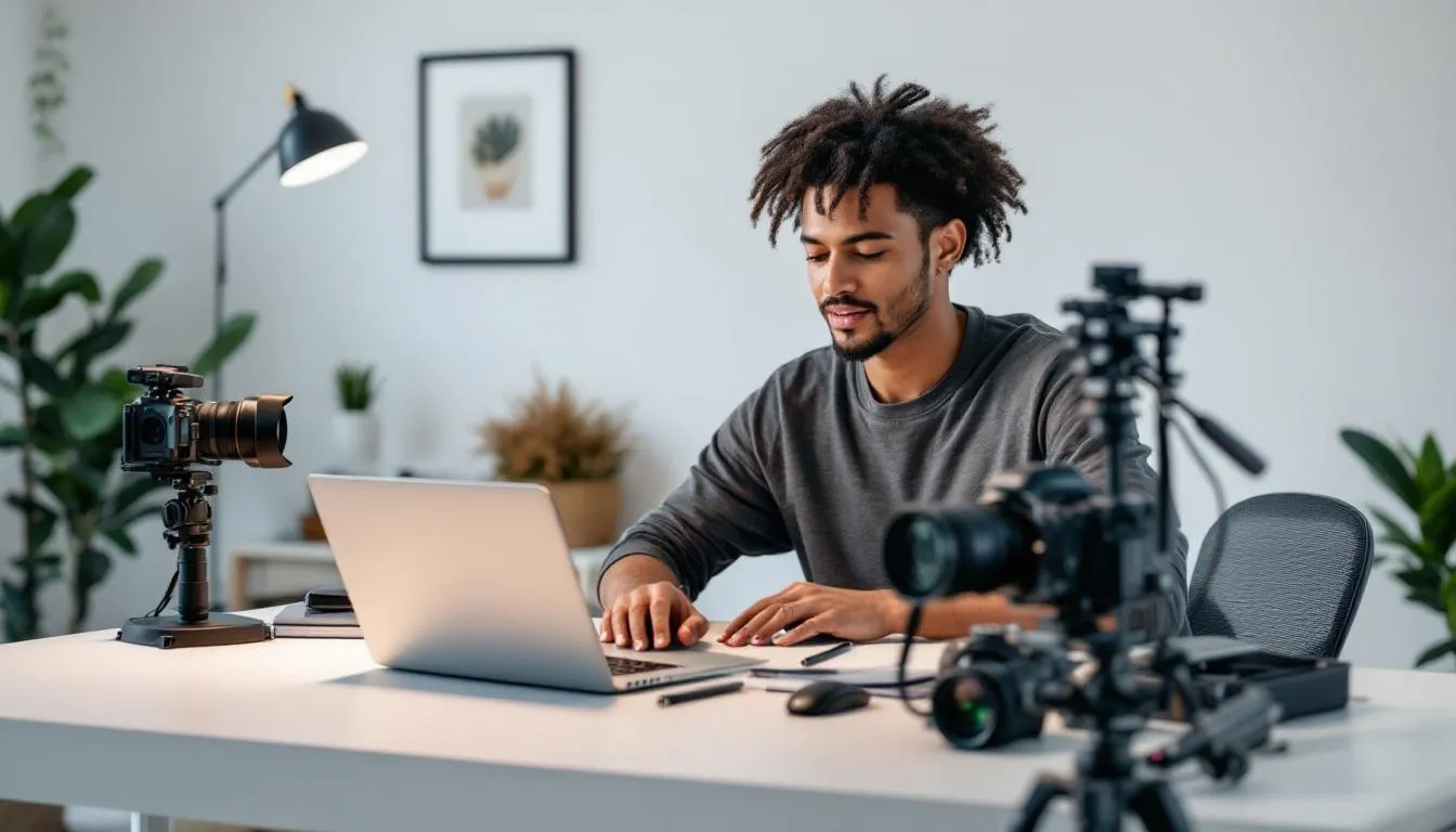 The image depicts a person focused on creating high-quality content at a well-organized workspace, equipped with professional tools and technology. This setting emphasizes the importance of engaging content and effective social media strategies for reaching a specific audience.