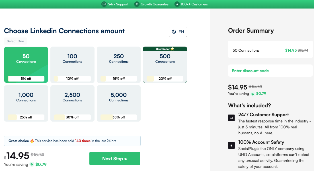 An example of a seller profile. (Screenshotted from: https://www.socialplug.io/services/buy-linkedin-connections)