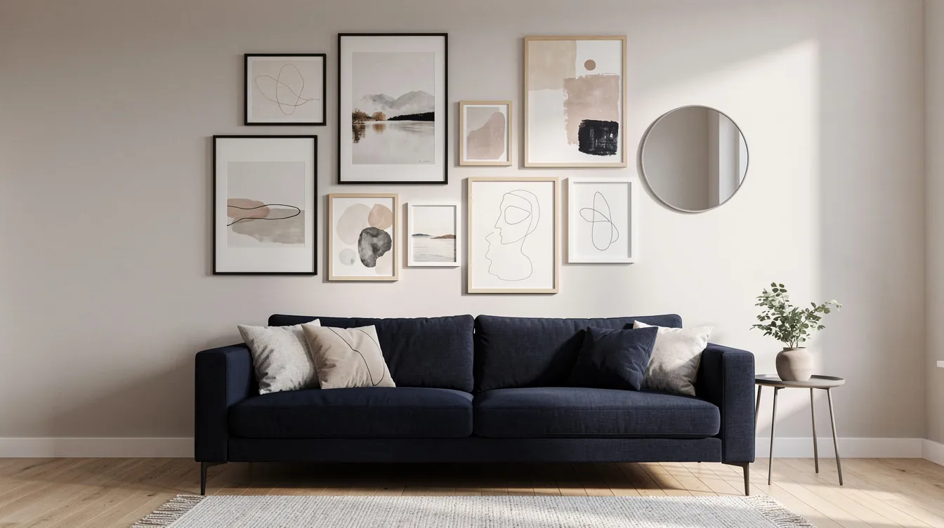 Een galerijwand met meerdere ingelijste botanische prints en abstracte kunstwerken, samen met een ronde spiegel, hangt boven een donkerblauwe bank, wat zorgt voor een moderne en rustige uitstraling in de woonkamer. Deze wanddecoratie boven de bank vormt een echte eyecatcher en geeft de kale muur een persoonlijke touch.