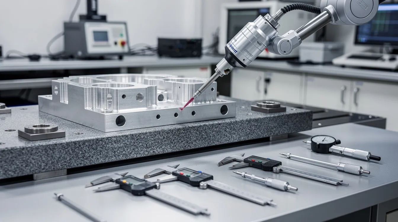 The image shows a precision measuring instrument, specifically a coordinate measuring machine probe, delicately touching the surface of a machined metal part, highlighting the importance of accuracy in CNC machining processes. This setup emphasizes the role of precision machining in producing high-quality components for various industrial applications.
