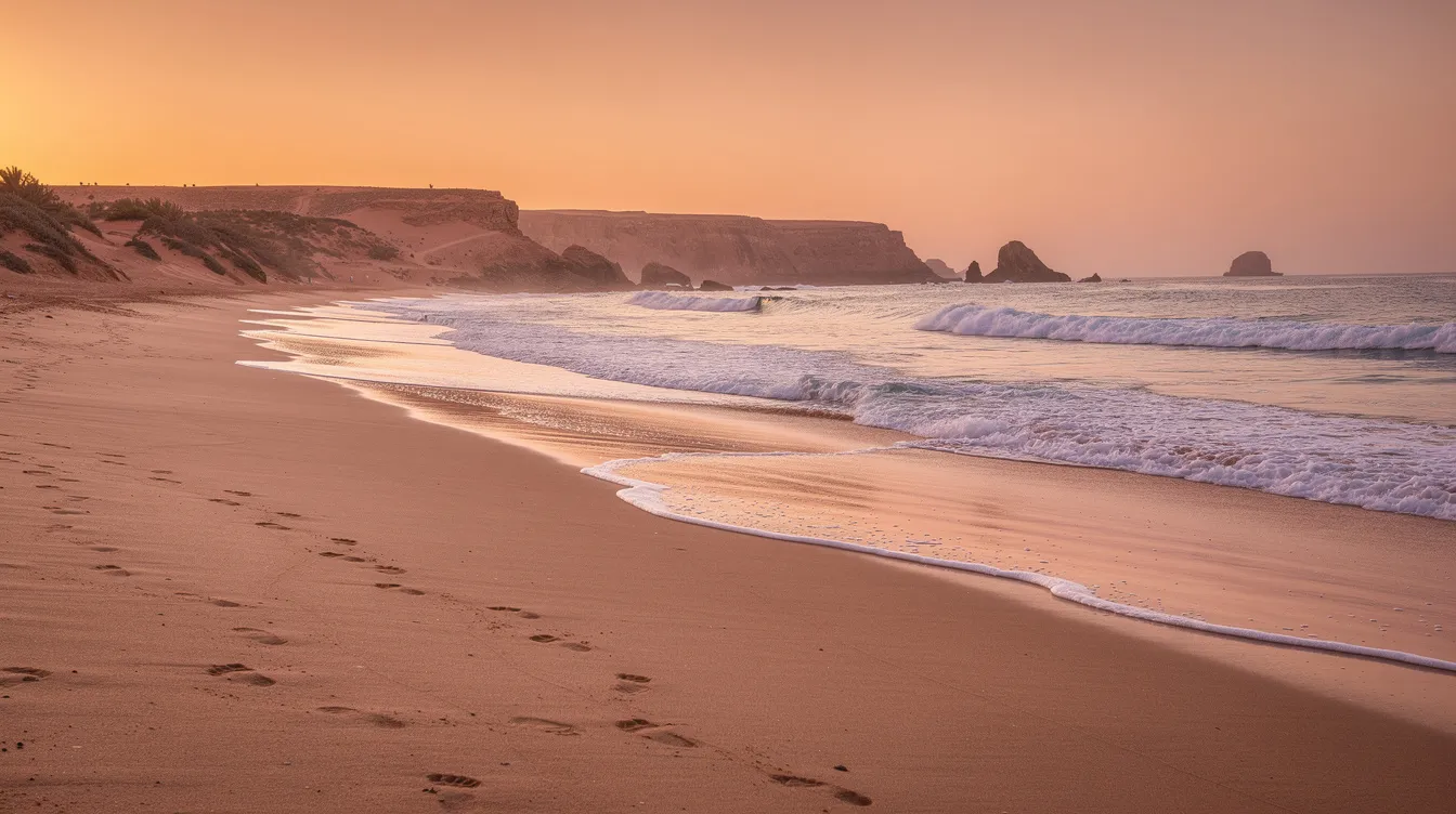The image depicts a serene Atlantic coastline in Morocco, featuring gentle waves lapping against a quiet beach under a clear blue sky. This tranquil scene captures the pleasant weather of Morocco in November, ideal for outdoor activities and light hiking along the coast.