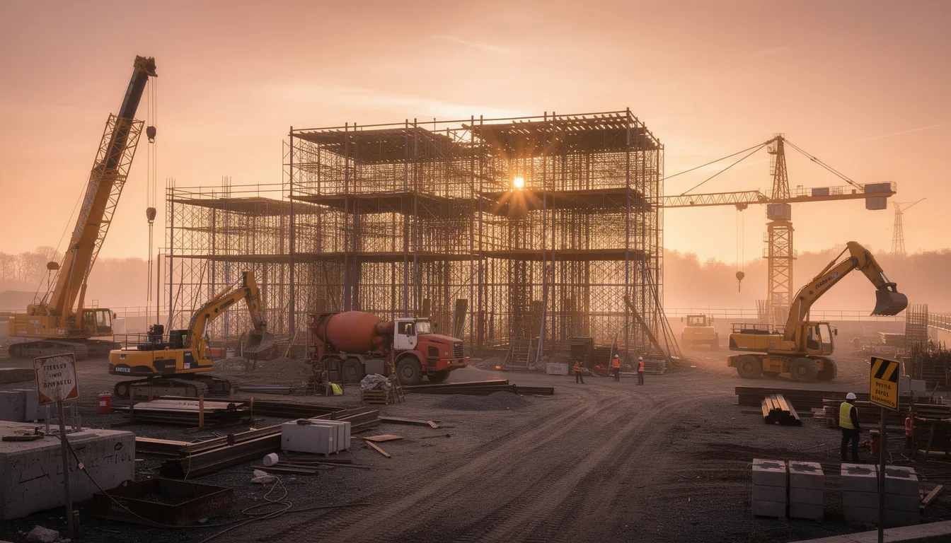 The image depicts an industrial construction site at sunrise, showcasing towering scaffolding and heavy equipment, highlighting the potential for workplace injuries. This scene serves as a reminder of the importance of safety regulations and the need for experienced workplace injury lawyers to assist injured workers in navigating workers compensation claims.