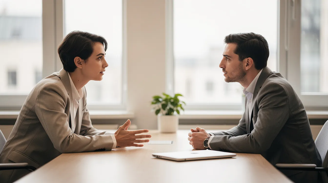 In a calm and professional setting, two individuals engage in a thoughtful conversation, likely discussing mental health support and the importance of accessing counselling services for issues such as stress and anxiety. The atmosphere promotes open communication, reflecting a supportive environment for exploring personal challenges and well-being.