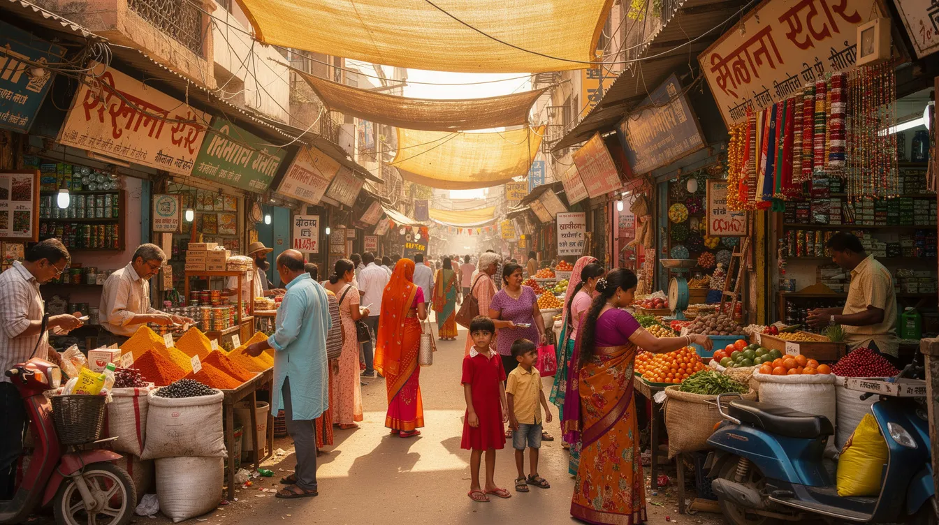 5dfe9ad0 4c84 4f1e 983d 1f7629b9af2d The image depicts a bustling Indian marketplace filled with colorful shops and a diverse crowd of customers browsing various goods. This vibrant scene reflects the local demand and entrepreneurial spirit in Indore, showcasing potential business ideas and opportunities for aspiring entrepreneurs in the area.