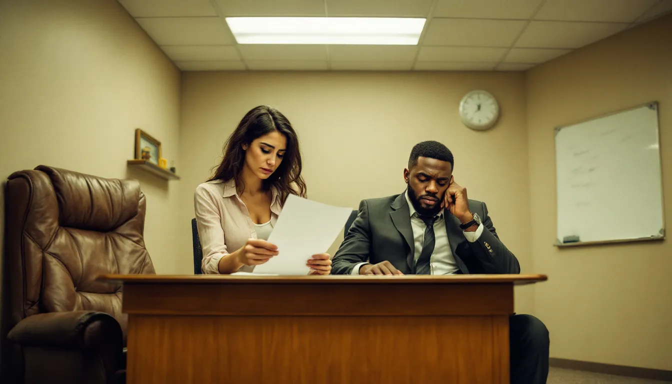In the image, a couple is sitting across from a divorce attorney in a conference room, discussing the divorce process and the associated costs, including attorney fees and potential spousal support. The atmosphere is serious, reflecting the complexities of a contested divorce or the possibility of an uncontested divorce.
