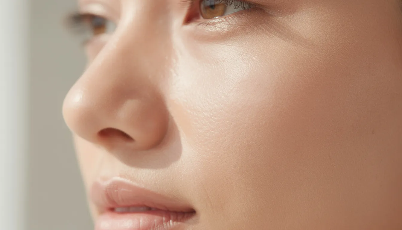 Zbliżenie na zdrową skórę twarzy w okolicach oczu i policzków, ukazując gładką powierzchnię bez nieestetycznych zmian skórnych, takich jak prosaki. Zdjęcie podkreśla znaczenie pielęgnacji skóry oraz skutecznych metod usuwania prosaków w klinice medycyny estetycznej.