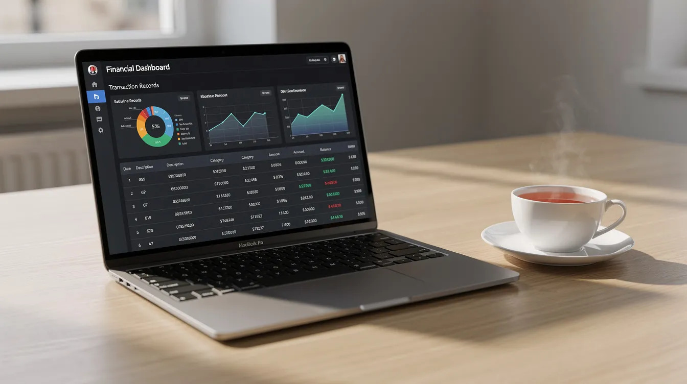 A laptop computer sits on a desk beside a cup of tea, displaying a financial dashboard filled with transaction records, highlighting the ease of sending money through formal banking channels like Askari Bank's digital remittance services. This image emphasizes the convenience and transparency of managing funds for overseas Pakistanis and their families.