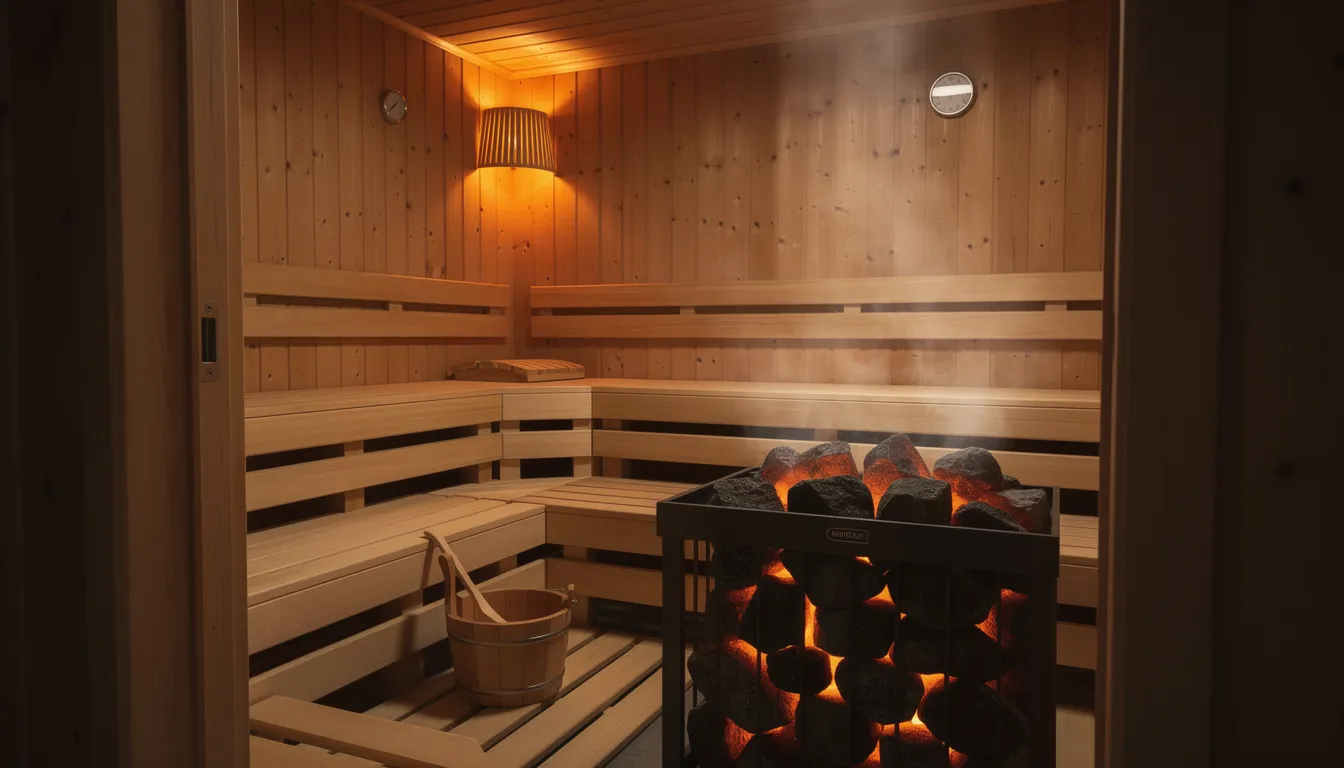 The image depicts a traditional sauna interior featuring wooden benches and glowing hot stones on an electric heater, creating a cozy and authentic Finnish atmosphere ideal for sauna bathing. The warm ambiance highlights the benefits of traditional saunas, including improved cardiovascular health and deep relaxation.