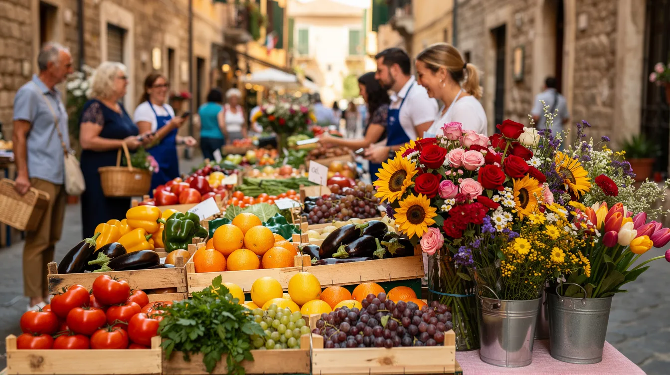 Retirement in Italy: Visas, Taxes, Property & Practical Steps (2027 Guide) 3 The image depicts a vibrant Italian open-air market bustling with vendors selling colorful fresh produce and flowers, while shoppers browse and interact. This lively scene captures the essence of Italian culture and lifestyle, appealing to foreign retirees seeking a taste of la dolce vita in Italy.
