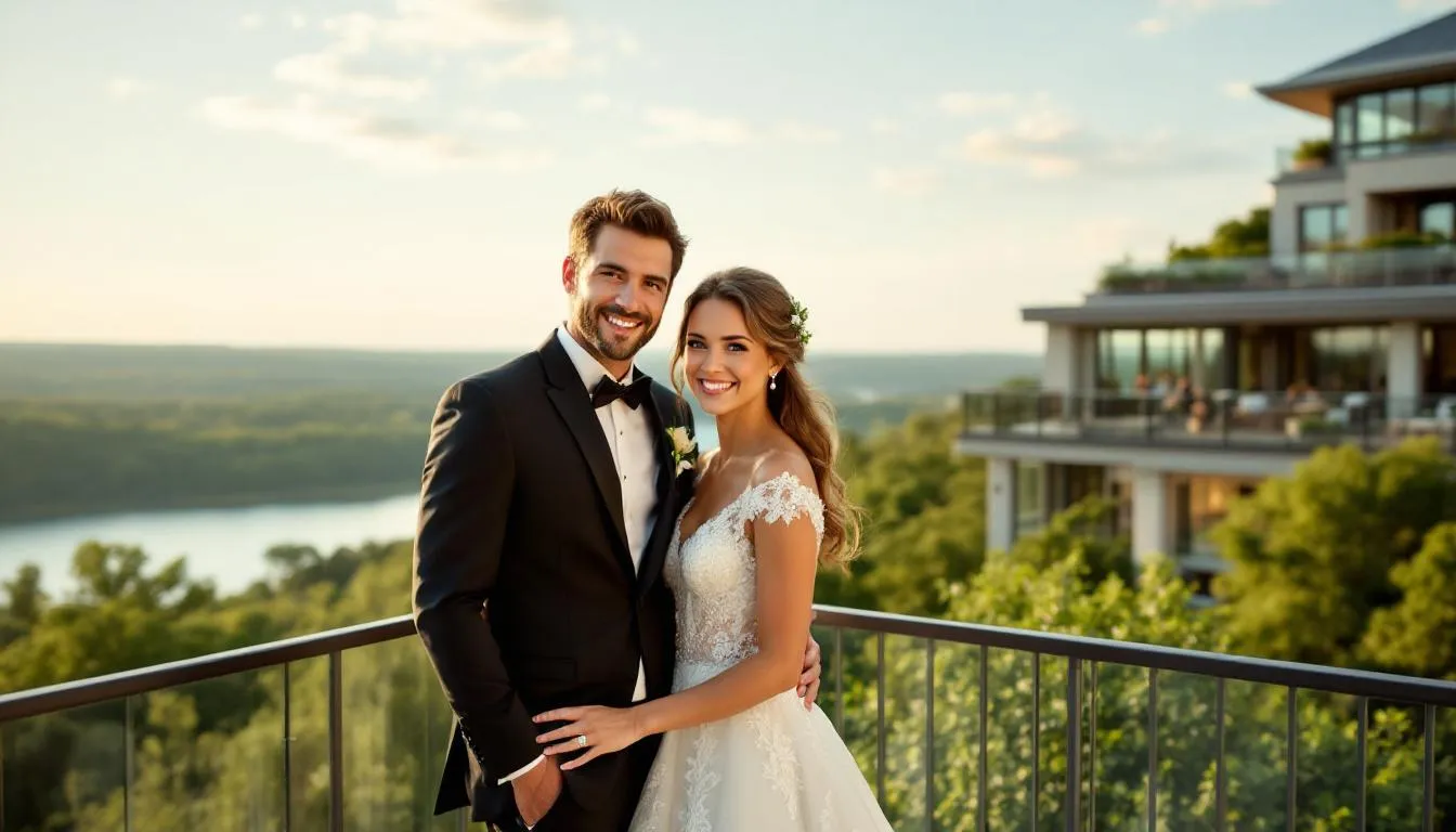 A joyful wedding couple is celebrating at a beautifully decorated hotel venue, surrounded by a scenic backdrop of lush greenery and elegant floral arrangements. The atmosphere is filled with love and happiness, ideal for showcasing the hotel’s offerings to potential guests through effective hotel content marketing strategies.