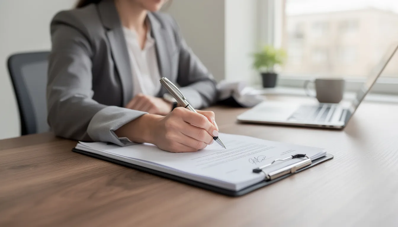 Best Delaware Home Buyers A person is seated at a desk, signing closing documents with a pen, symbolizing the final steps in a property sale. This image represents the process of selling a house quickly, often involving cash home buyers who provide fair cash offers without hidden fees.