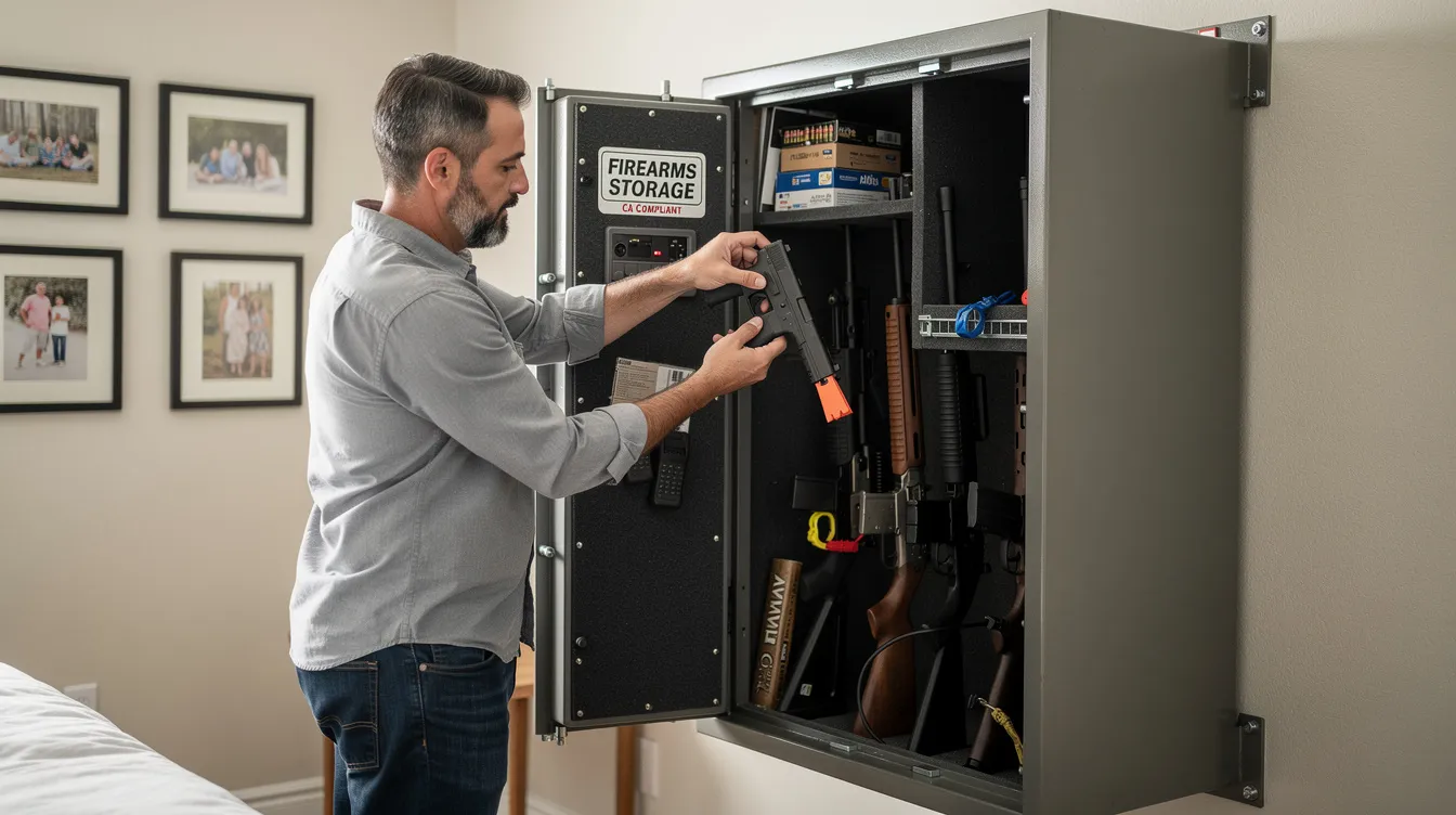 The image shows a California gun owner carefully securing their firearms in a locked safe, emphasizing compliance with California gun laws regarding safe storage and possession of firearms. The owner appears focused, reflecting the responsibility of law-abiding citizens in ensuring firearm safety.