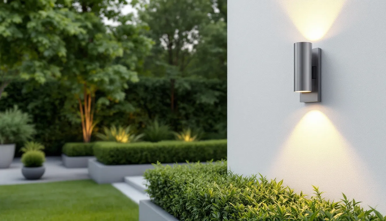 Eco-friendly outdoor LED wall lights in a garden setting.