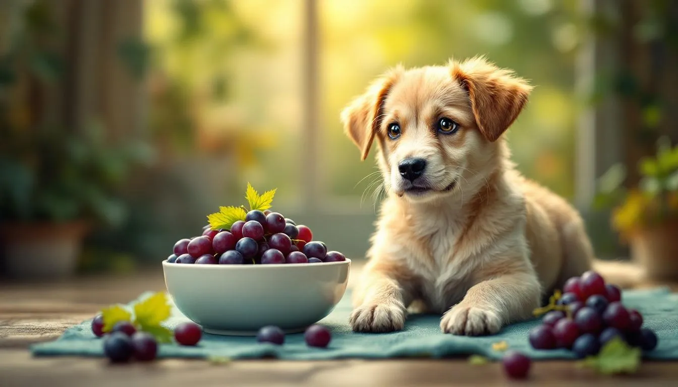 Na obrazku widzimy psa siedzącego obok miseczki z winogronami, z wyrazem niepokoju na pysku, co może sugerować obawy związane z toksycznością winogron dla psów. Pies wydaje się zaniepokojony, co może być związane z potencjalnymi objawami zatrucia winogronami.