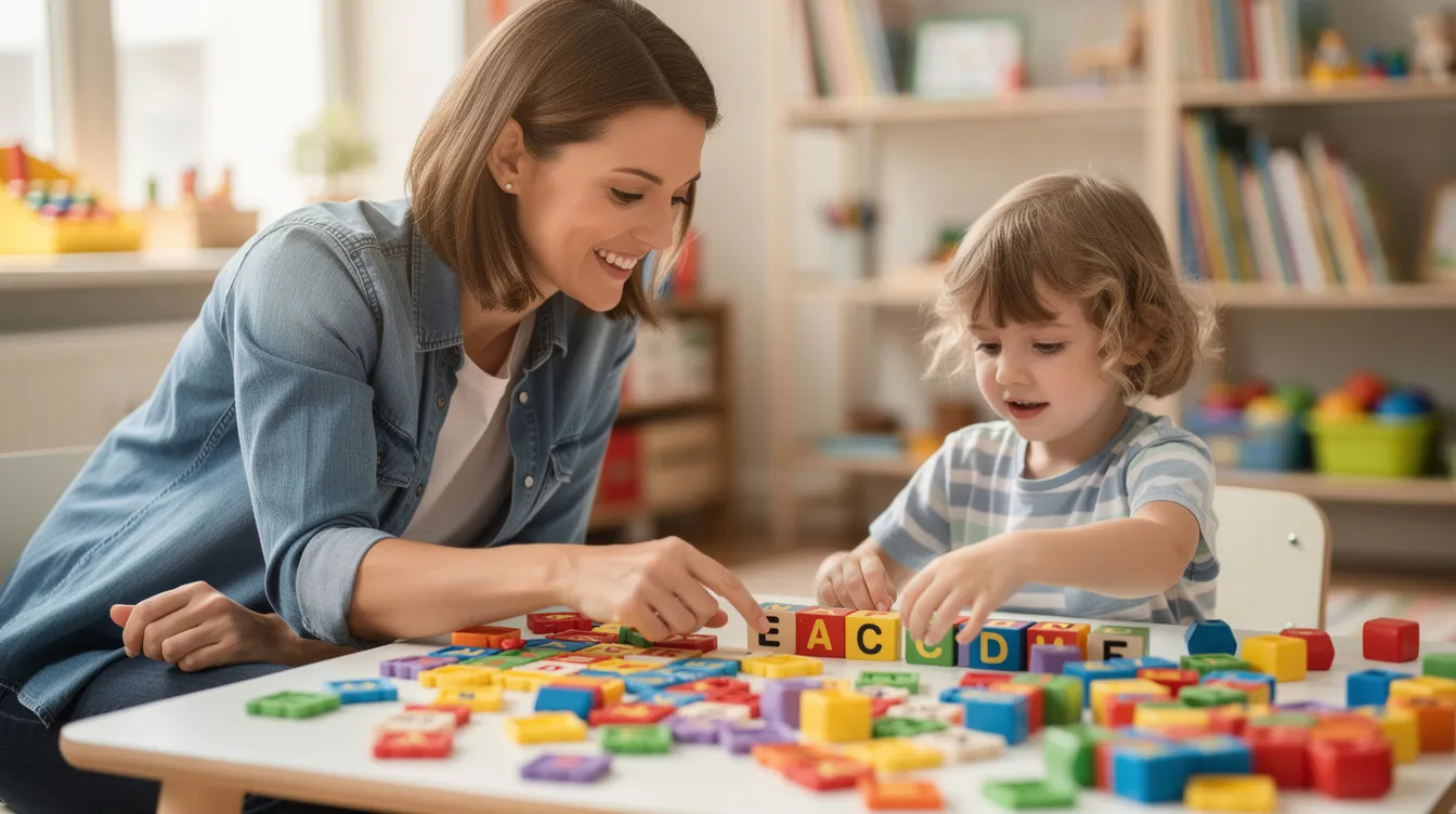 A specialist and a child are engaged in small group instruction at a table, using colorful letter tiles to enhance phonological and phonemic awareness. This interactive activity supports the child's literacy development, helping them build confidence in reading and writing skills.