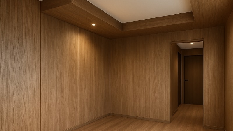 Walls and ceilings wrapped with wooden vinyl uniformly