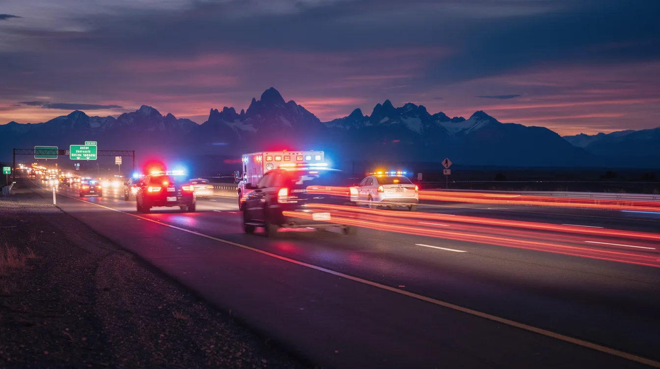 The image depicts emergency vehicle lights flashing on a Colorado highway at dusk, signaling an accident scene. The presence of police and emergency responders suggests that drivers involved in a car accident may need to document the incident for insurance claims and seek legal guidance regarding their rights and potential personal injury claims.