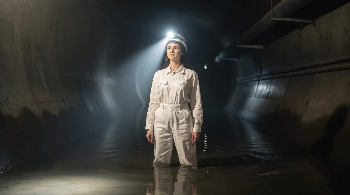 Eine junge Frau in einem weißen Overall und einem Helm mit leuchtender Helmlampe steht in einem unterirdischen Kanal und blickt hoffnungsvoll nach vorn. Sie ist Teil des Einsatzes für die Wasserversorgung und Abwasserentsorgung in Hamburg, während sie die Wasserqualität und den Schutz der Umwelt im Blick hat.